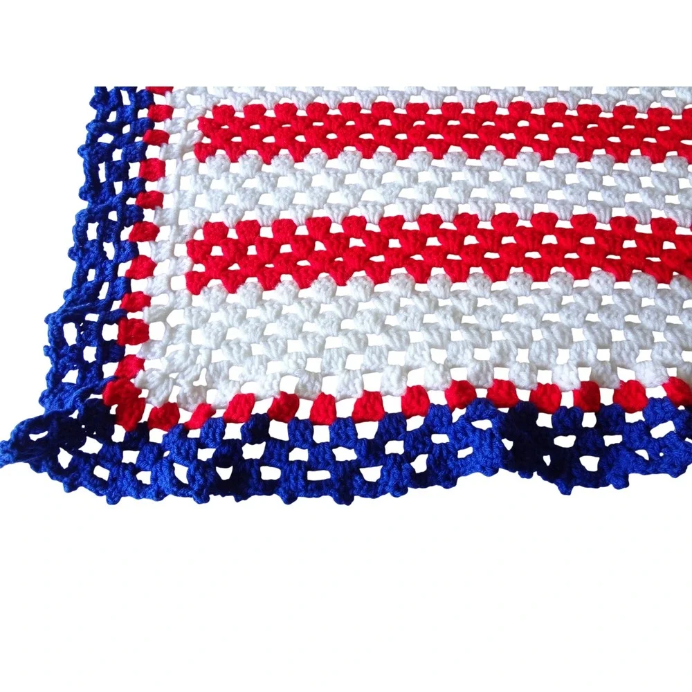Handmade Crochet Americana Blanket Red White Blue Striped Granny Square Throw